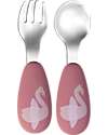 Tryco Baby Set Posate Forchetta e Cucchiaio - Ivy il Cigno - Rosa - Silicone e Acciaio Inox Posate