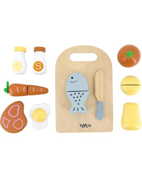 Tryco Baby Tagliere in Legno con Pietanze - Colori ad Acqua Atossici - 10+ m Cibo Giocattolo