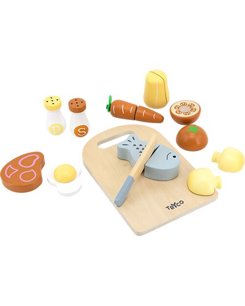 Tryco Baby Tagliere in Legno con Pietanze - Colori ad Acqua Atossici - 10+ m Cibo Giocattolo