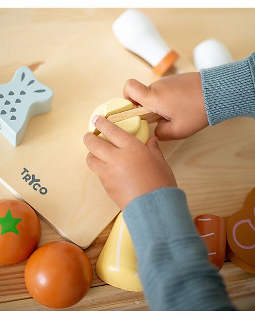 Tryco Baby Tagliere in Legno con Pietanze - Colori ad Acqua Atossici - 10+ m Cibo Giocattolo