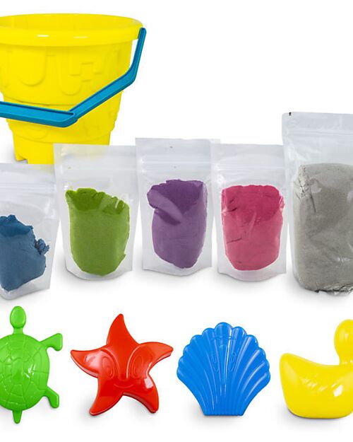 Tuban Set Sabbia Dinamica - 5 Colori con Secchiello e 4 Formine - 1,5 kg - 3+ anni Giochi Sensoriali_