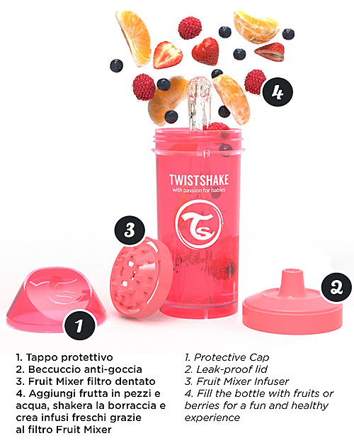 Twistshake Borraccia Kid Antigoccia Fruit Splash con Mixer per Frutta, 360 ml, Rosa Crazymonkey -Senza BPA, BPS e BPF! Borracce non Termiche