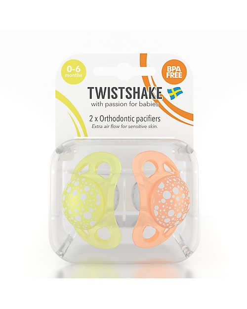 Twistshake Set da 2 Ciucci in Silicone Ortodontici Extra-Morbidi 0-6 mesi, Arancione e Giallo - Senza BPA! Ciucci