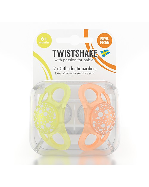 Twistshake Set da 2 Ciucci in Silicone Ortodontici Extra-Morbidi 6+ mesi, Arancio e Giallo - Senza BPA! Ciucci