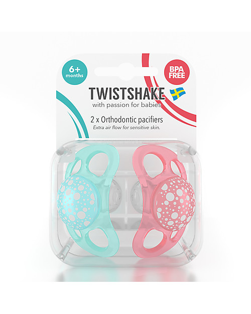 Twistshake Set da 2 Ciucci in Silicone Ortodontici Extra-Morbidi 6+ mesi, Pesca e Turchese - Senza BPA! Ciucci