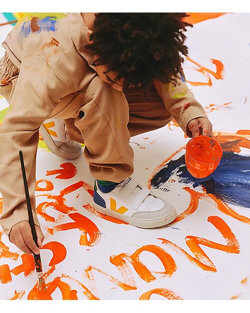 Veja Sneakers Small V-12 Velcro Pelle Priva di Cromo - Extra White Multicolor Indigo Sneakers