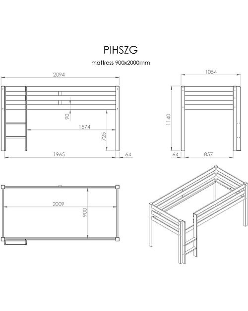 Vipack Letto a Soppalco Pino - Bianco - 90 x 200 cm - Pino Massiccio - con Doghe Incluse Letti Singoli