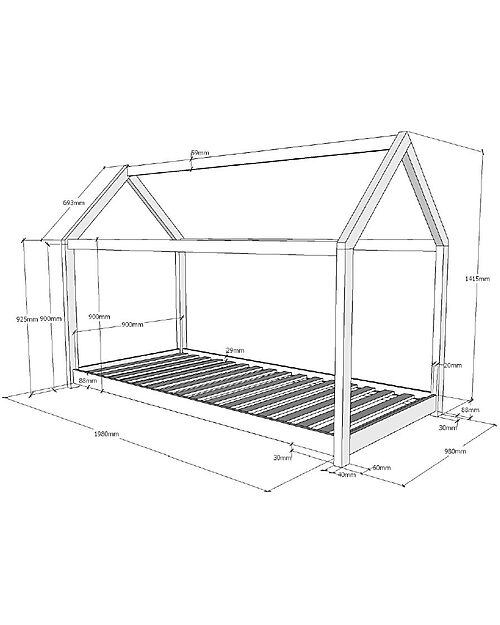Vipack Letto Cabane  - Naturale - 90 x 200 cm - Pino Massiccio - con Doghe Incluse Letti Singoli