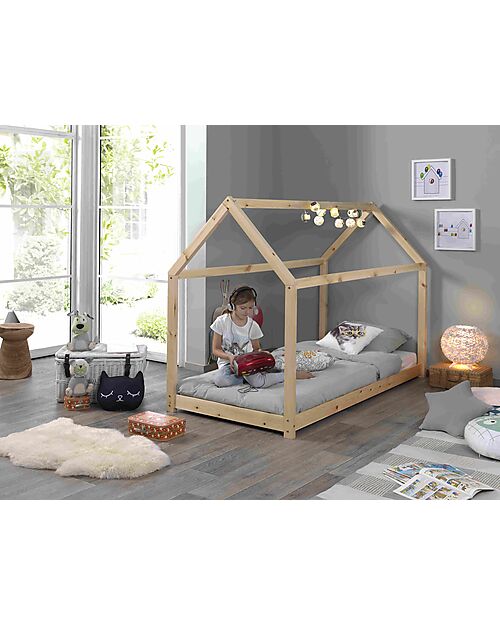 Vipack Letto Cabane  - Naturale - 90 x 200 cm - Pino Massiccio - con Doghe Incluse Letti Singoli