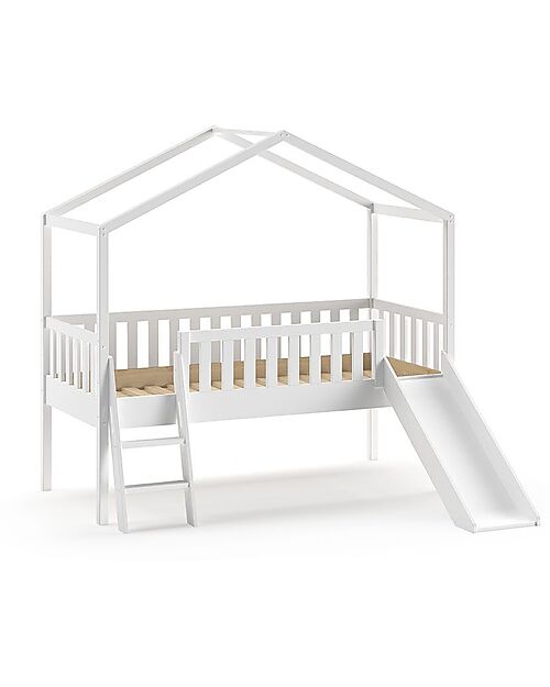 Vipack Letto Casetta Dallas - Bianco - 90 x 200 cm - con Scivolo - Pino Scandinavo - con Doghe Incluse Letti Singoli