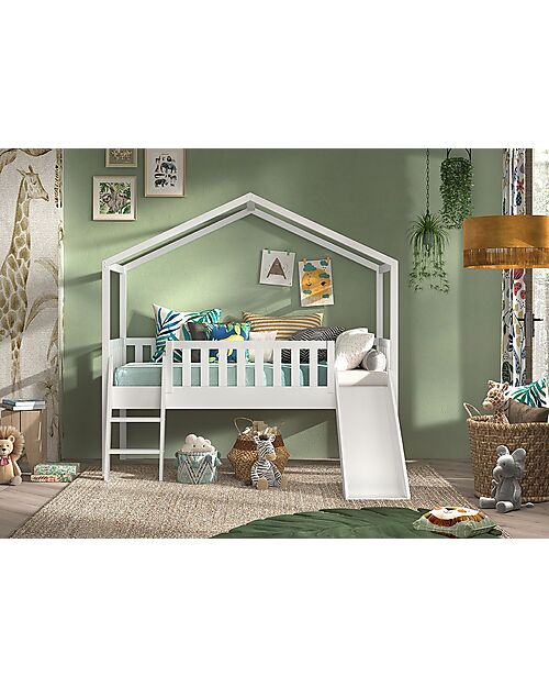 Vipack Letto Casetta Dallas - Bianco - 90 x 200 cm - con Scivolo - Pino Scandinavo - con Doghe Incluse Letti Singoli