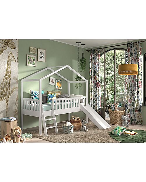 Vipack Letto Casetta Dallas - Bianco - 90 x 200 cm - con Scivolo - Pino Scandinavo - con Doghe Incluse Letti Singoli