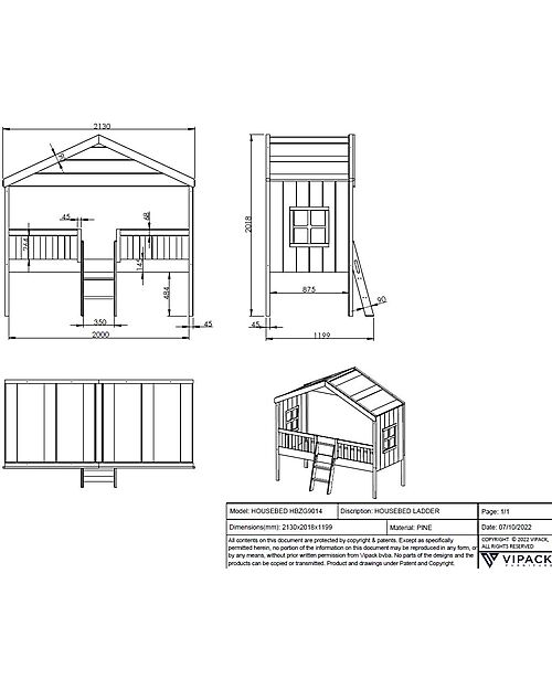 Vipack Letto Casetta Housebed - Bianco - 90 x 200 cm - con Scaletta - Pino Massiccio e MDF - con Doghe Incluse Letti Singoli