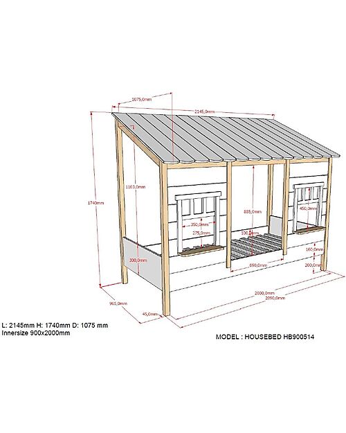 Vipack Letto Casetta Housebed - Tetto Smerlato - Bianco - 90 x 200 cm - Pino Massiccio e MDF - con Doghe Incluse Letti Singoli