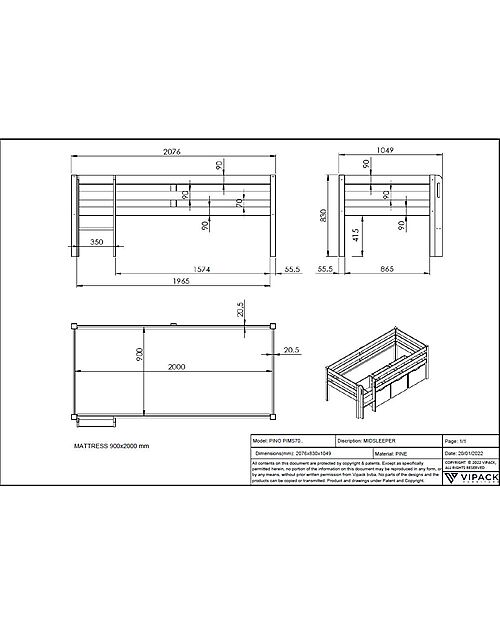 Vipack Letto Intermedio Pino - Grigio - 90 x 200 cm - Legno Massello - con Doghe Incluse Letti Singoli