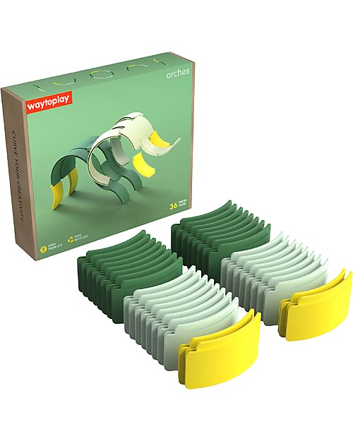 Waytoplay Arches - Set Creativo - 36 Pezzi - Plastica Riciclata - per Giochi Open-Ended Macchine e Trenini  in Legno