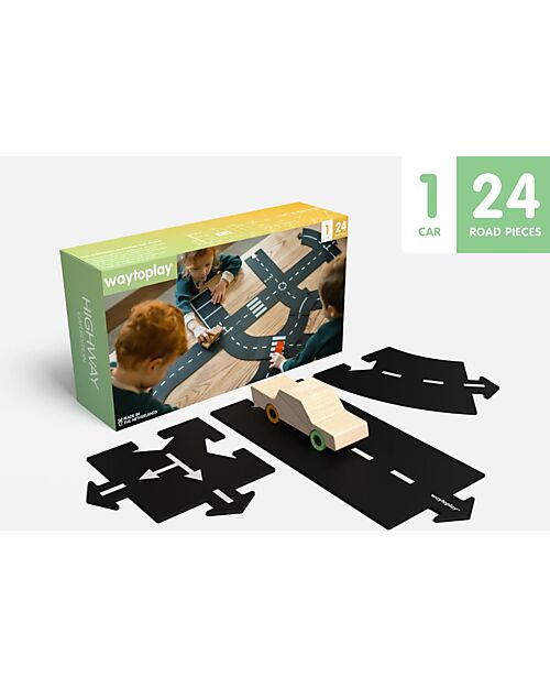 Waytoplay Pista Flessibile per Macchinine - Include 24 Pezzi e 1 Macchinina - Si Adatta ad Ogni Superficie! Macchine e Trenini  in Legno