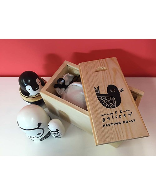 Wee Gallery Matrioske Russe - Animali in Bianco & Nero (set di 3 -Altezza 12 cm) - Animali in Legno