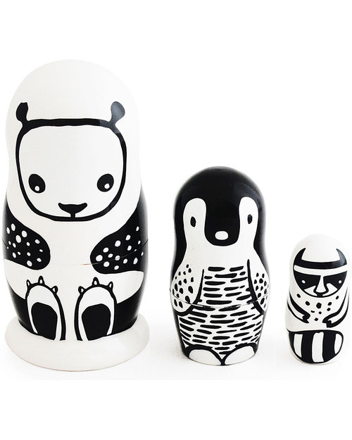 Wee Gallery Matrioske Russe - Animali in Bianco & Nero (set di 3 -Altezza 12 cm) - Animali in Legno