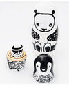 Wee Gallery Matrioske Russe - Animali in Bianco & Nero (set di 3 -Altezza 12 cm) - Animali in Legno