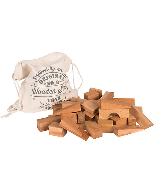 Wooden Story Blocchi in Legno Naturale + Sacco di Cotone - 50 Pezzi XL - Da Un Anno Costruzioni in Legno