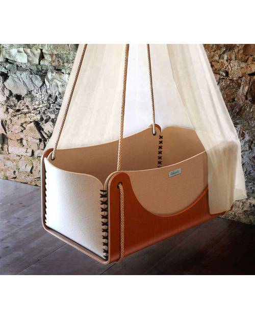 Woodly Culla Sospesa Roll + Materasso - Marrone Scuro - Lana e Legno - Made in Italy Culle e Ceste
