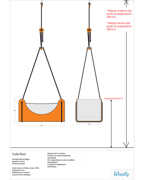 Woodly Culla Sospesa Roll + Materasso - Marrone Scuro - Lana e Legno - Made in Italy Culle e Ceste