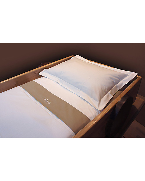 Woodly Lenzuola di Sopra MEDIUM, Color Panna con Balza Caffè + Logo - Per materassi 160x70cm Lenzuola e Federe