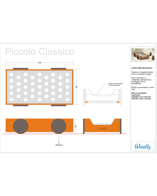 Woodly Lettino Montessoriano con ruote SMALL a Pettine- Abete Mordenzato Miele - Made in Italy Letti Montessoriani