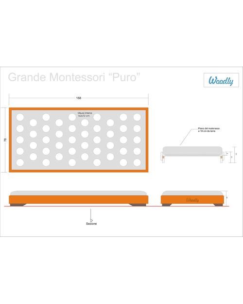 Woodly Lettino Montessoriano Puro BIG 160x70 cm - Abete Naturale - Made in Italy Letti Montessoriani