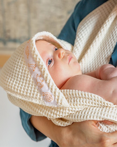 Zac 4 Kids Telo con Cappuccio Abbraccio - Bianco Naturale - 100% cotone - Per un bagnetto senza schizzi! Accappatoi e Asciugamani