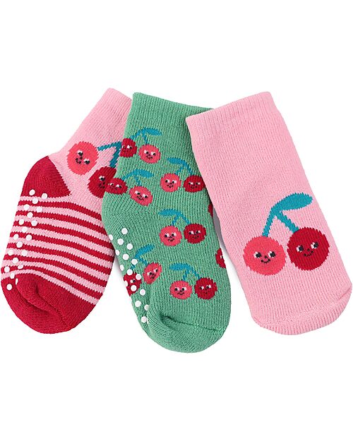 Zoocchini Calzini Antiscivolo Grip+Easy Ciliegie - Pacco da 3 - 0-24 mesi Calzini Antiscivolo