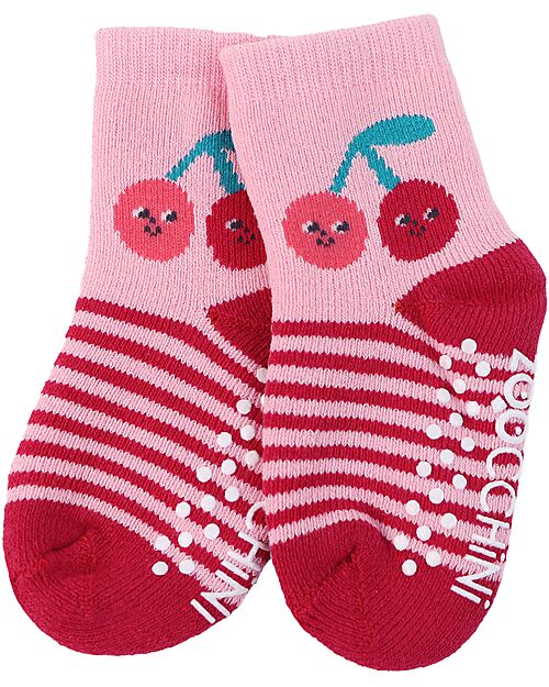 Zoocchini Calzini Antiscivolo Grip+Easy Ciliegie - Pacco da 3 - 0-24 mesi Calzini Antiscivolo