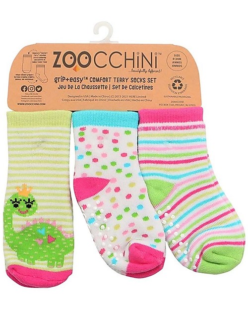 Zoocchini Calzini Antiscivolo Grip+Easy Dai il Dinosauro - Pacco da 3 - 0-24 mesi Calzini Antiscivolo