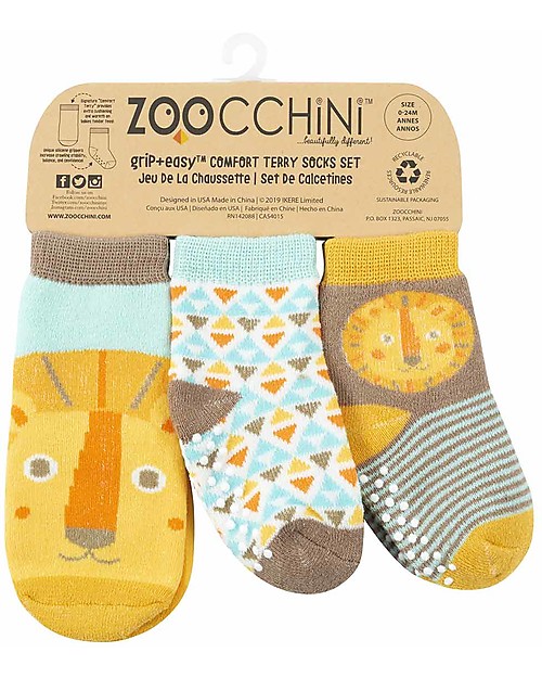 Zoocchini Calzini Antiscivolo Grip+Easy  Leo il Leone, Pacco da 3 - 0-24 mesi Calzini Antiscivolo