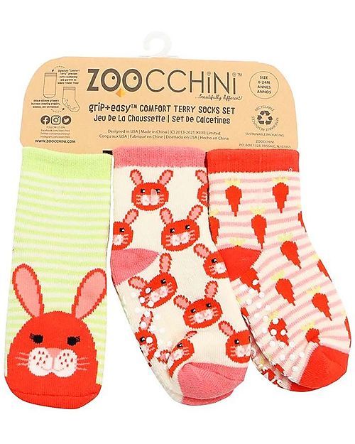 Zoocchini Calzini Antiscivolo Grip+Easy, Pacco da 3 - Bella la Coniglietta Calzini Antiscivolo