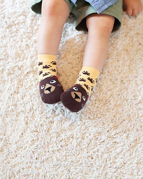 Zoocchini Calzini Antiscivolo Grip+Easy, Pacco da 3 - Bosley l'Orso Calzini Antiscivolo