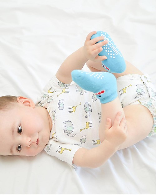 Zoocchini Calzini Antiscivolo Grip+Easy, Pacco da 3 - Sherman lo Squalo Calzini Antiscivolo