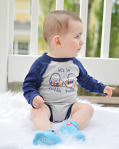 Zoocchini Calzini Antiscivolo Grip+Easy, Pacco da 3 - Sherman lo Squalo Calzini Antiscivolo