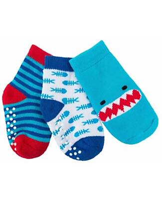 Zoocchini Calzini Antiscivolo Grip+Easy, Pacco da 3 - Sherman lo Squalo Calzini Antiscivolo