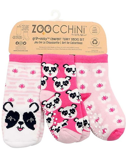 Zoocchini Calzini Antiscivolo Grip+Easy Pippa il Panda - Pacco da 3 - 0-24 mesi Calzini Antiscivolo