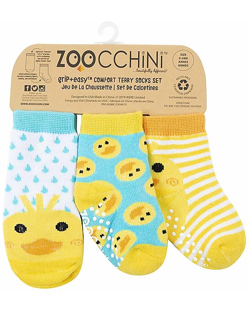 Zoocchini Calzini Antiscivolo Grip+Easy Puddles l'Anatroccolo, Pacco da 3 - 0-24 mesi Calzini Antiscivolo