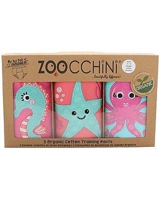 Zoocchini Mutandine Imbottite da Apprendimento - Amici dell'Oceano - Bimba - Pacco da 3 - 100% Cotone Bio Slip