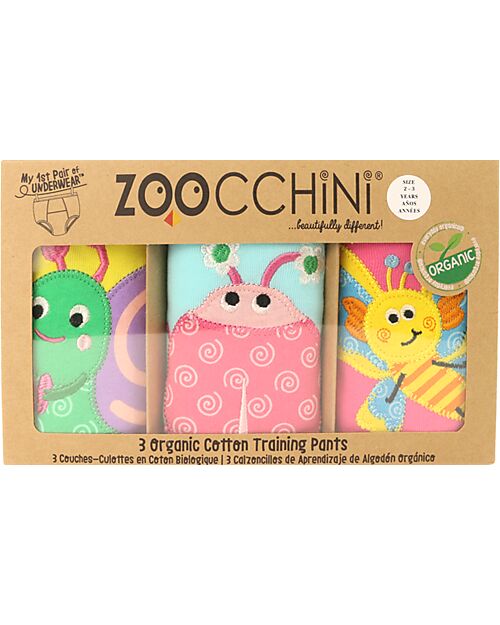 Zoocchini Mutandine Imbottite da Apprendimento - Creature del Giardino - Bimba - Pacco da 3 - 100% Cotone organico Slip