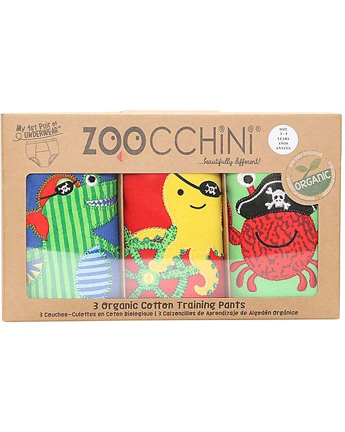 Zoocchini Mutandine Imbottite da  Apprendimento - Pirati - Bimbo - Pacco da 3 - 100% Cotone organico Slip