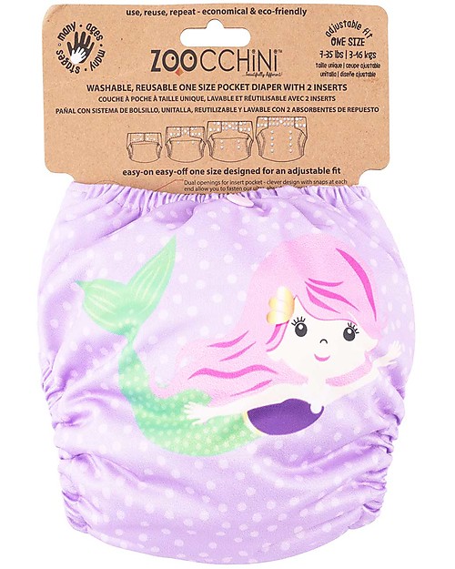 Zoocchini Pannolino Lavabile - Sirenetta - 2 Inserti Assorbenti Inclusi - 3-16 kg Pannolini Lavabili