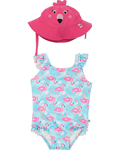 Zoocchini Set Baby 2 Pezzi - Costume Intero con Volant  + Cappellino - UPF 50+ - Franny il Fenicottero Costumi Interi