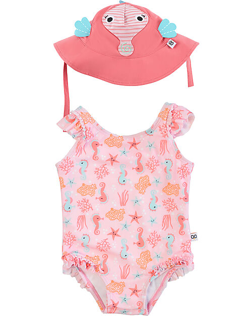 Zoocchini Set Baby 2 Pezzi - Costume Intero con Volant  + Cappellino - UPF 50+ - Sally il Cavalluccio Marino Costumi Interi