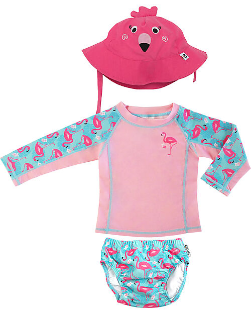Zoocchini Set Baby 3 Pezzi - Rash Guard Top + Costumino Contenitivo + Cappellino - UPF 50+ - Franny il Fenicottero Costumi Contenitivi