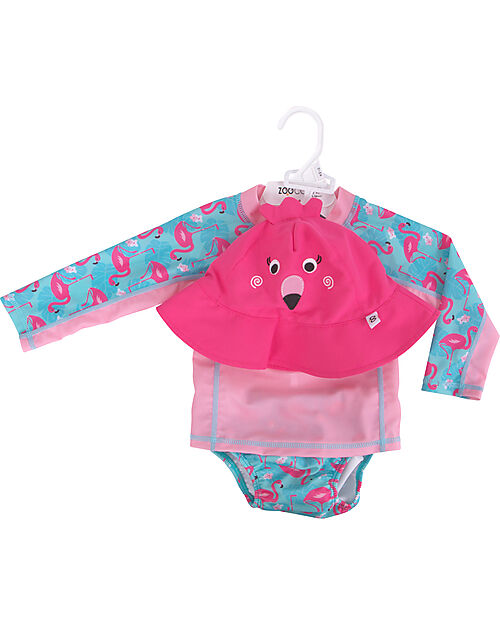 Zoocchini Set Baby 3 Pezzi - Rash Guard Top + Costumino Contenitivo + Cappellino - UPF 50+ - Franny il Fenicottero Costumi Contenitivi